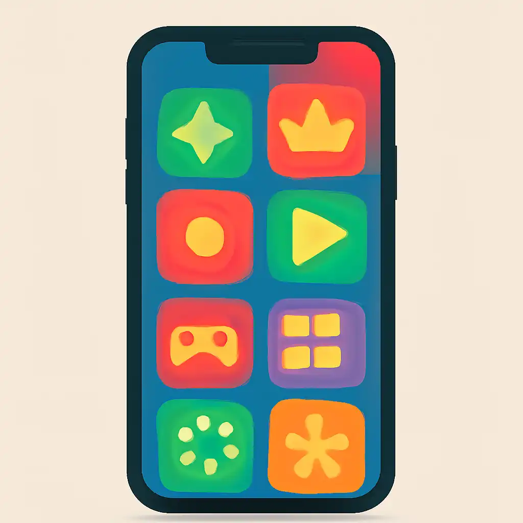 Smartphone shown from the front displaying a colourful flat layout of abstract game icons and rounded tiles (no text, no letters, no labels), 91 Club