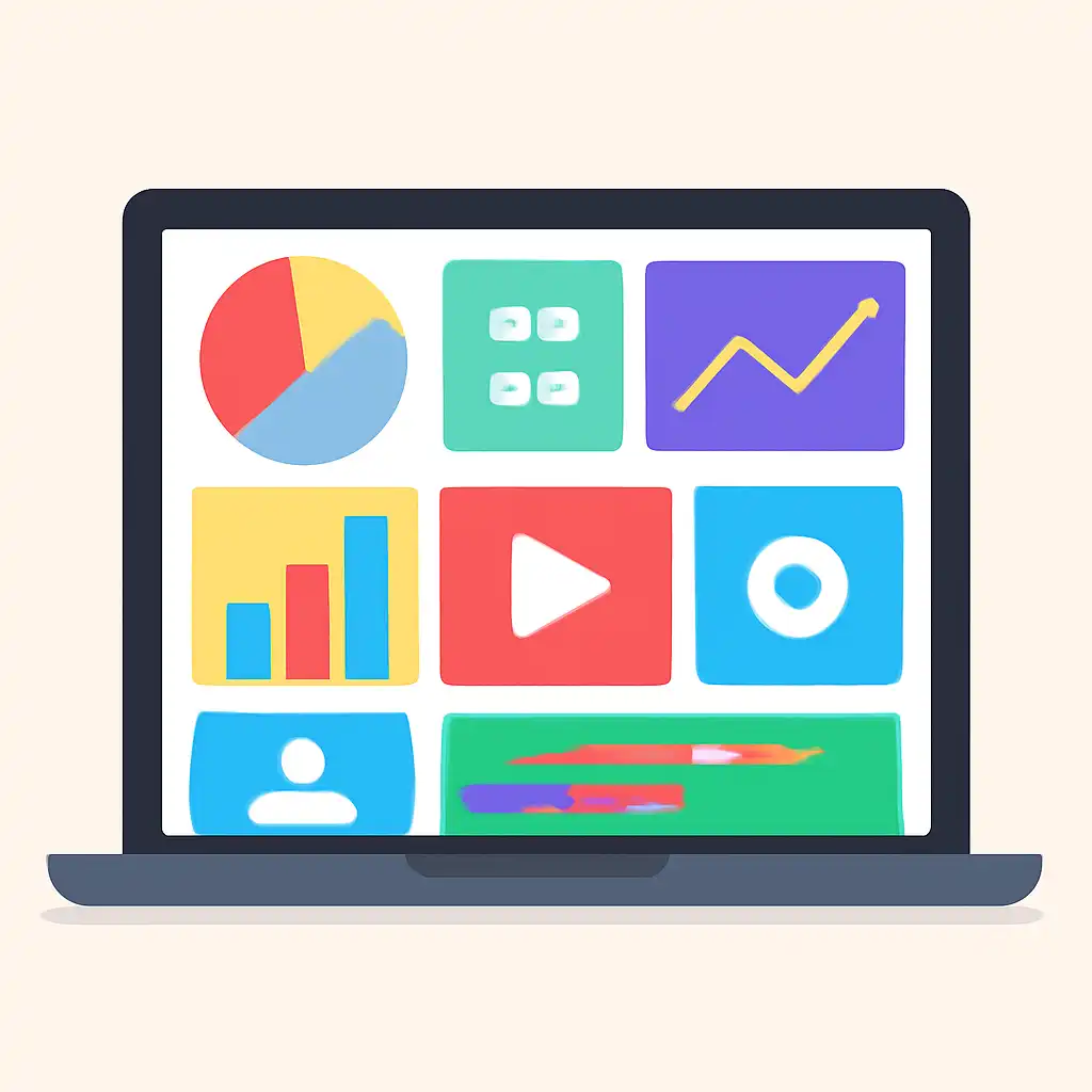 Laptop shown from the front displaying a colourful flat dashboard of abstract charts, bars and icon tiles (no text, no letters, no labels), 91 Club