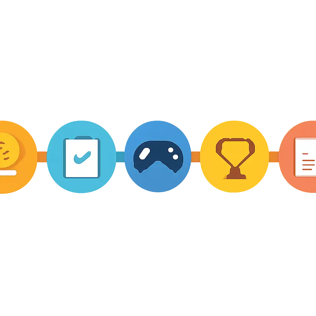 Five numbered circular icons connected by arrows in a horizontal flow, flat illustration, icons only, no words, 91 Club steps